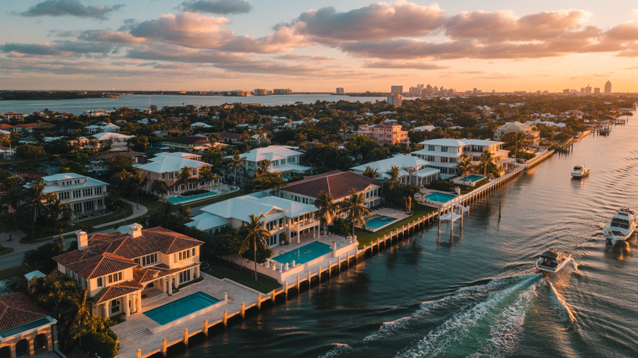 Aerial view of luxury waterfront mansions in South Florida at golden hour, illustrating the 2026 wealth migration trend